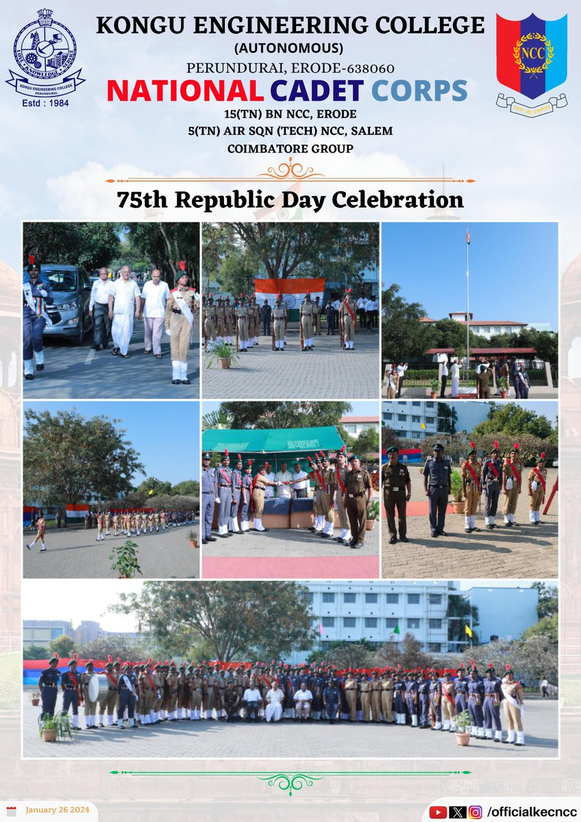 KecNcc's tweet photo. Here is a glimpse of the 75th Republic day celebrated at Kongu Engineering College. Cadets of @KecNcc have once again proved that their Standards are no less even if they lack practice sessions. 
@HQ_DG_NCC 
@NCCDte_TNPAN 
@Ko_Champions
@erodencc 
@KonguOfficial
#RepublicDay2024 https://t.co/DiTz98ONvT