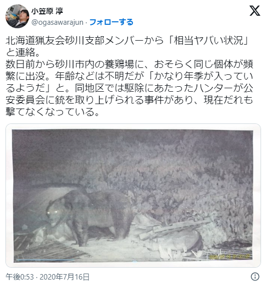 komukaepapa's tweet photo. ハンター「撃つ必要ない」
役所「撃ってください」
警察（立ち会っている）
　　↓
ハンターがヒグマを駆除
　　↓
警察「銃刀法違反・鳥獣法違反で書類送検な。猟銃も全部没収な」

もう警察が自分たちの拳銃で駆除するかヒグマの餌になれよってレベル。 https://t.co/2RyPs90fpZ