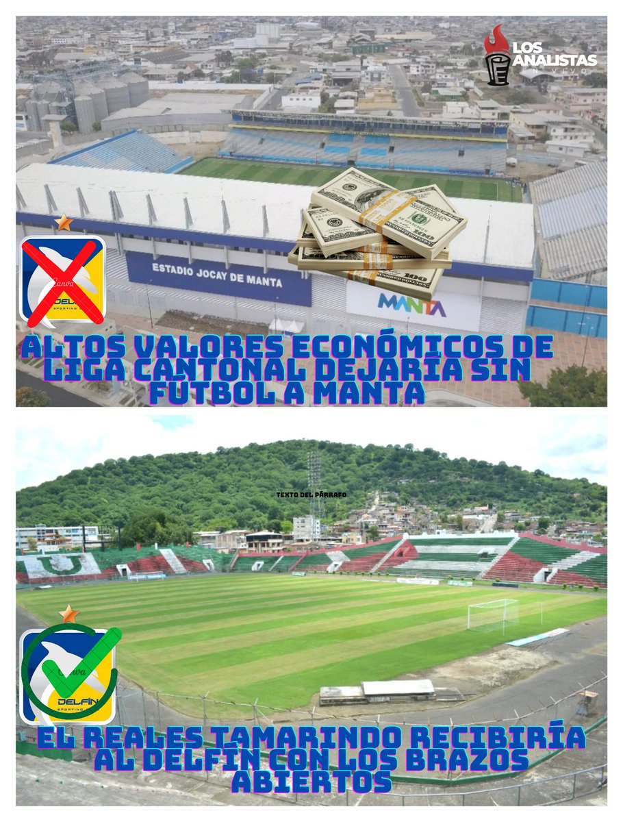 MarcosWCh's tweet photo. LDC DE MANTA  AHUYENTA A DELFÍN SC

Los altos valores económicos por el alquiler del Estadio Jocay que la LDC de Manta pretende cobrar en esta temporada 2024, están a punto de hacer que el cuadro cetáceo juegue de local la Liga Pro en Portoviejo. https://t.co/ztAn79U3cG