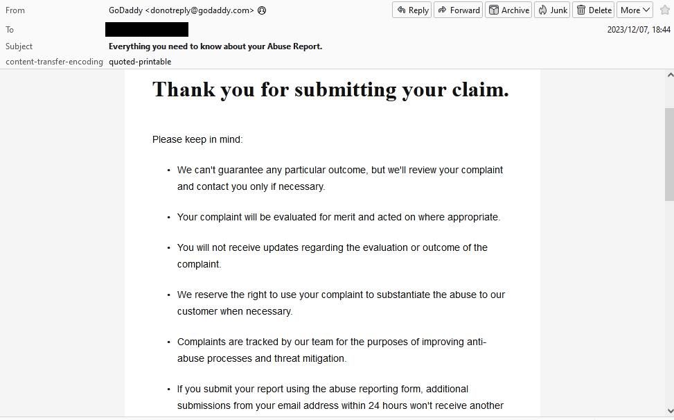 Hi @GoDaddyHelp 
Do you still have an abuse team? Or only a time wasting team?

/usmilidefencecentre.com reported 7 Dec 2023, a @DeptofDefense #spoof

Please show some respect to folks reporting clear abuse of services to you. #DNSAbuse @icann_president