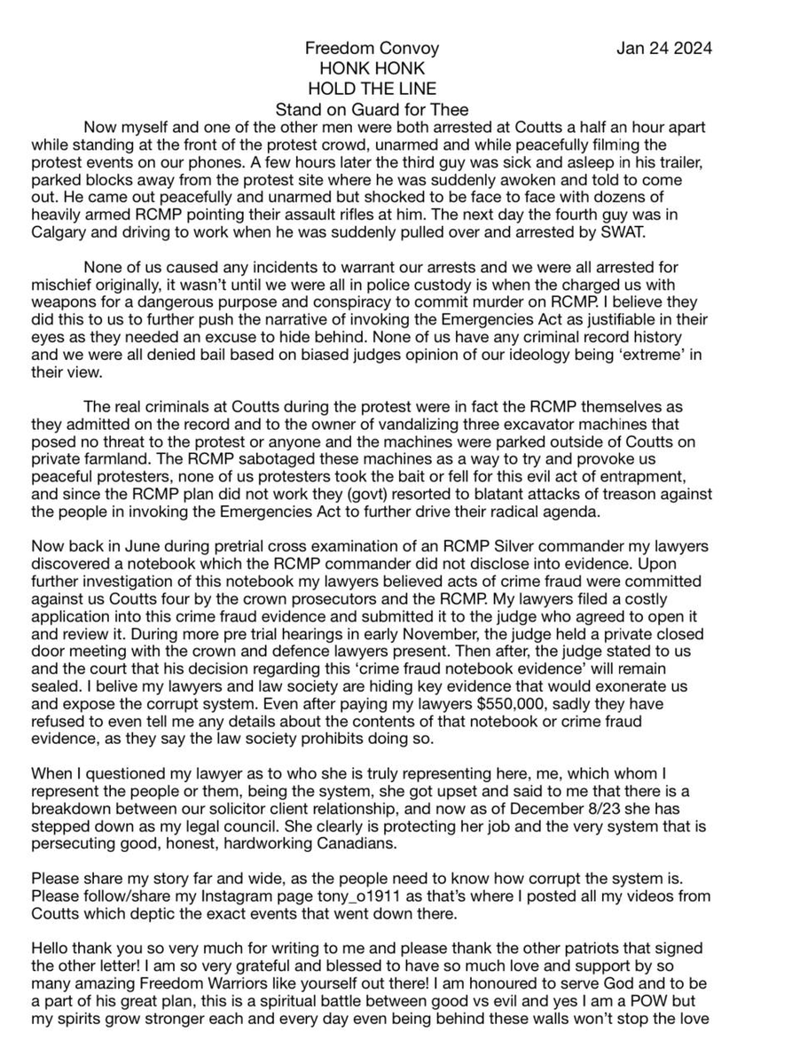 JasonLavigneAB's tweet photo. COUTTS UPDATE

A message from Tony Olienick, January 24th, 2024.

Addresses Tony's position on the arrests, protest, RCMP criminal activity, the crime-fraud envelope, his previous lawyer, being a POW, and his faith.

Stay strong, Tony.

God bless.