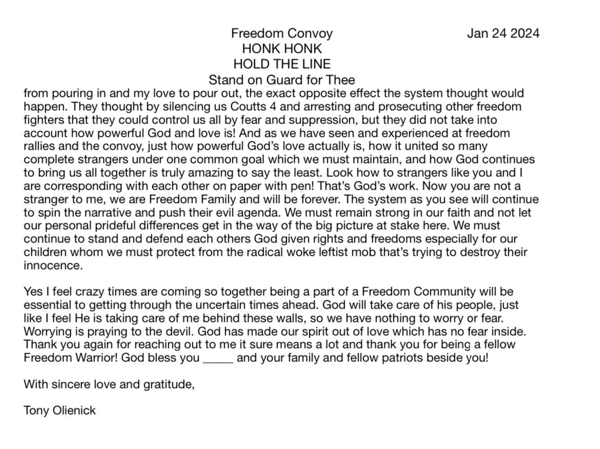 JasonLavigneAB's tweet photo. COUTTS UPDATE

A message from Tony Olienick, January 24th, 2024.

Addresses Tony's position on the arrests, protest, RCMP criminal activity, the crime-fraud envelope, his previous lawyer, being a POW, and his faith.

Stay strong, Tony.

God bless.
