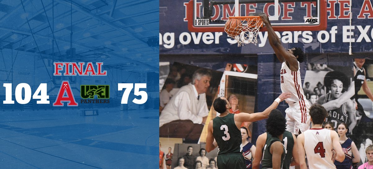 AcadiaAthletics's tweet photo. MBB | A huge victory tonight for the Axemen at home as they top the UPEI Panthers to stay in the playoff hunt. 

Glen Cox with 28 points to lead Acadia on the night. 

FINAL 
ACA - 104
UPEI - 75 https://t.co/bFGKRh6P09