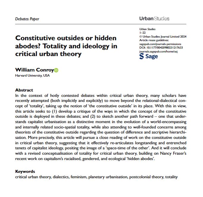 USJ_online's tweet image. Latest debates paper from @WilliamWConroy develops a revised conceptualisation of #totality for critical urban theory, building on Nancy Fraser's work on 'hidden abodes' 
ow.ly/xMQ050Qtgst
#feminism #dialectics