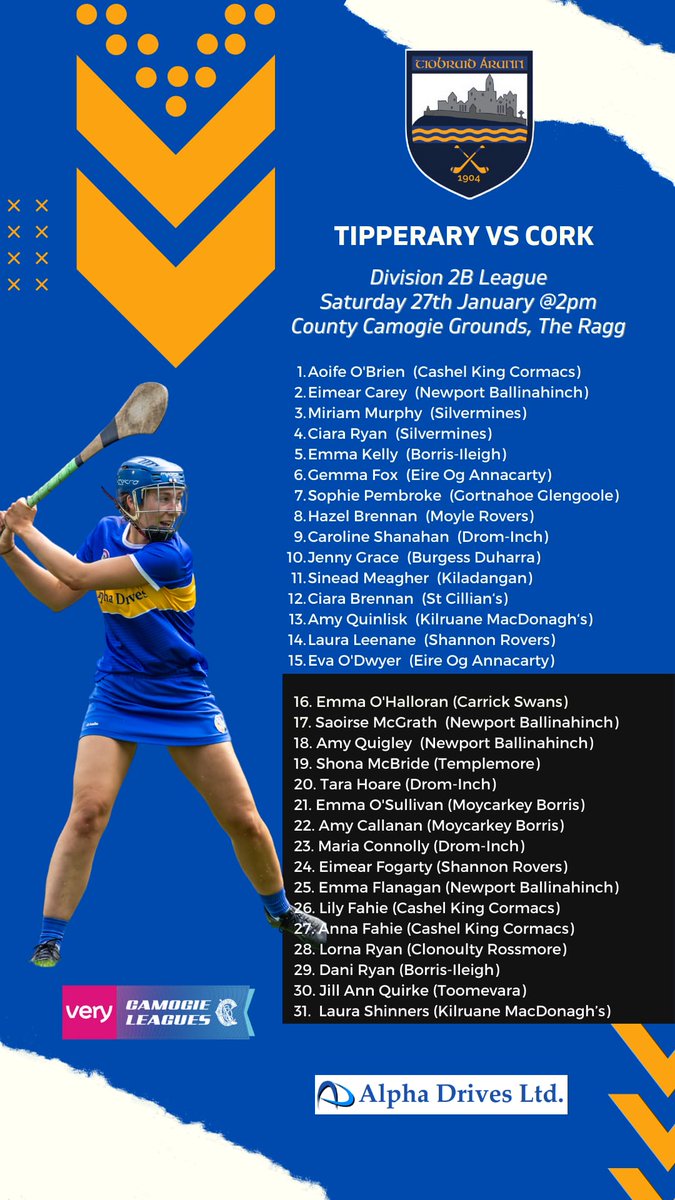 Well done to Sinead Meagher who is on the starting Tipperary junior team. Best of luck to all the panel on Saturday.