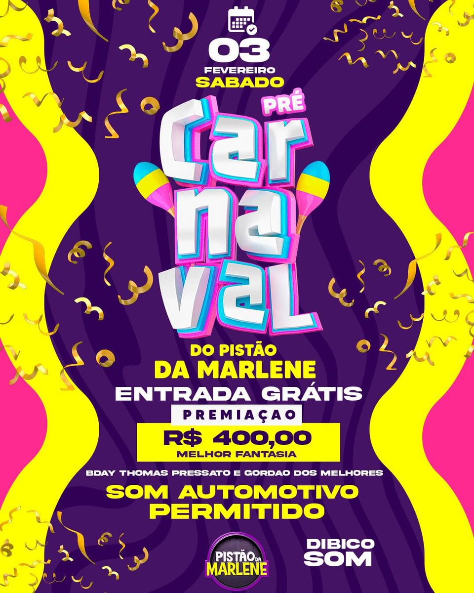 Finge que é fofoca e explana pra geral🤩 Dia 03/02 sabadão tem nosso pré carnaval, comemorando o aniversário do Thomas Pressato e do Gordão dos Melhores🥳🚀 PREMIAÇÃO PRA MELHOR FANTASIA E ENTRADA LIBERADA!

⚠️ SOM AUTOMOTIVO LIBERADO⚠️