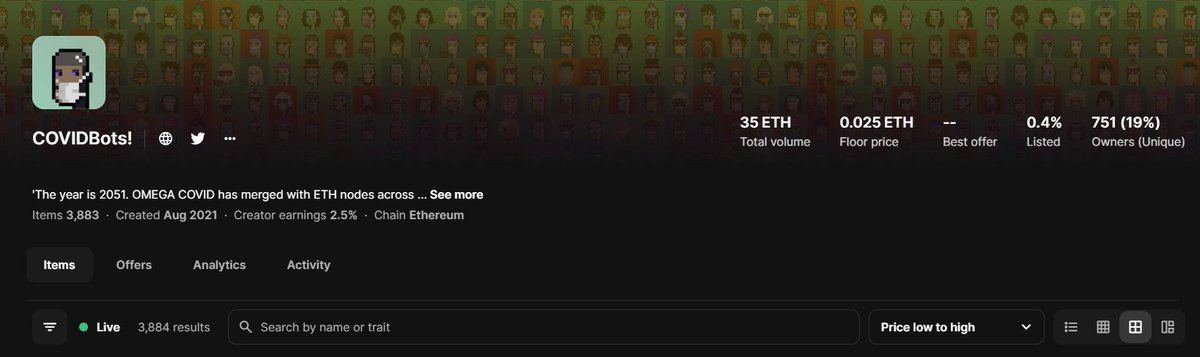 It's been long since I had checked @COVIDPunksNFT 
I was surprised to see the listed count is pretty low.

COVID will be a historical event that had shaken the whole world in years, decades to come.

Yes its <a href="/cryptopunks/"></a> lookalike but with a twist.
No its not #SolanaNFTs