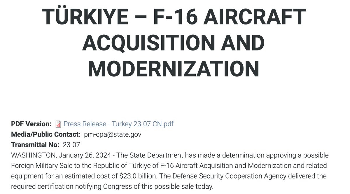 achopkins1's tweet photo. NEW: Biden Admin formally informs US Congress of its intention to sell 40 new F-16 fighter jets, 79 upgrade kits to #Turkiye

Follows Turkiye's approval of Sweden's NATO membership bid

Biden also moving forward on sale of 20 Lockheed F-35 fighter jets to Greece https://t.co/4osY28iQ7n