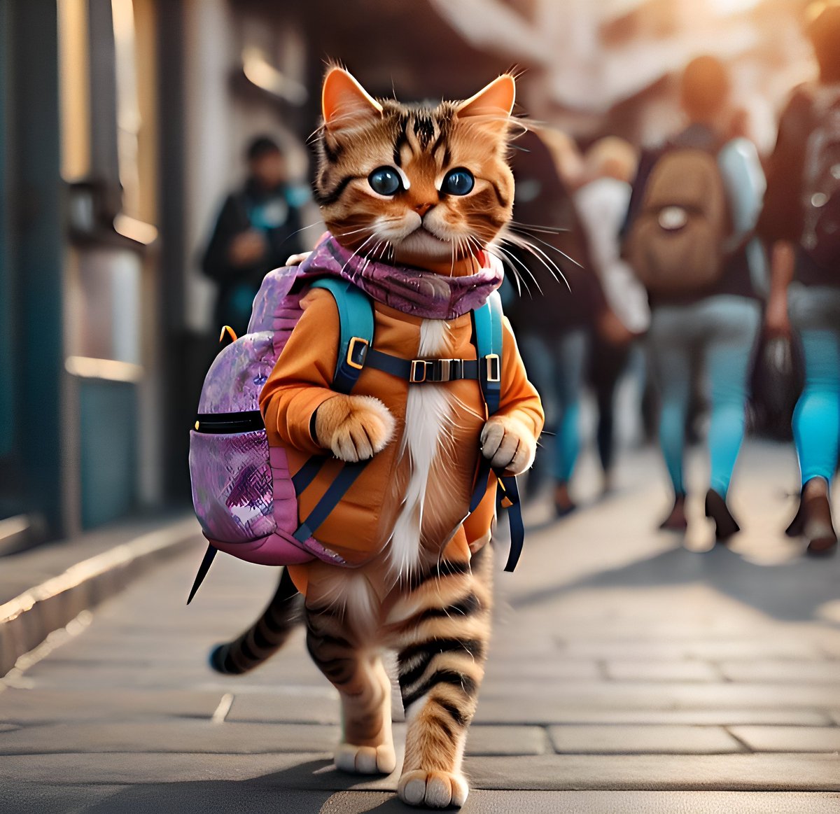 🐱🎒 Strolling down the street like a boss! 🎨🖌️ Check out this realistic artwork of a cat with a backpack. #AIgeneratedArt #CodeCanvasCreations #ArtGallery #CatLove #StreetStyle #RealisticArt #FelineFashion