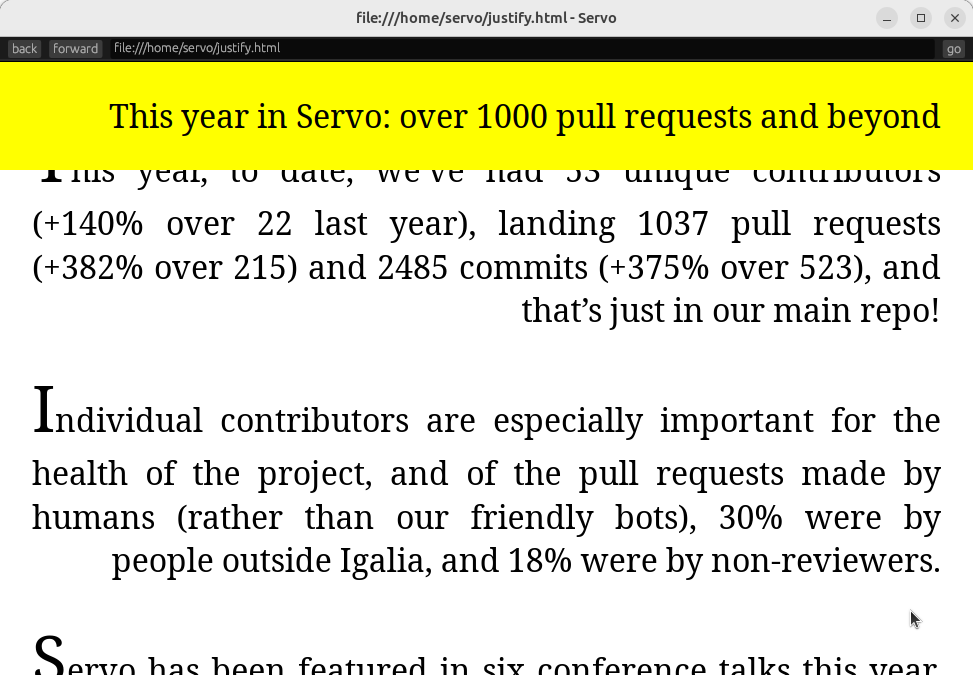 This month in Servo…

📝↔️ ‘text-align: justify’
📝⬆️ ‘line-height’
🖼️↕️ ‘vertical-align’
🍫🍯 early ‘sticky’ support
🦀🧱 stable Rust (1.74)

More details ↓