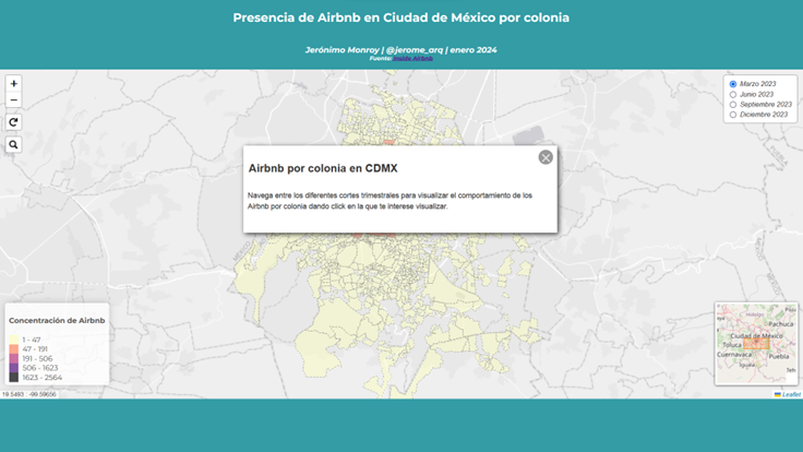 Jerome_arq's tweet photo. Hice un #mapita web interactivo bien que precioso 🤓 con datos de 2023 en donde se podrá navegar por sus colonias para ver cuantos #airbnb tienen y como ha sido su evolución en marzo, junio, septiembre y diciembre de 2023 🗺️
En estos días se los voy a compartir
#mapitaslover 👇🏾 https://t.co/24zDZWoIV7