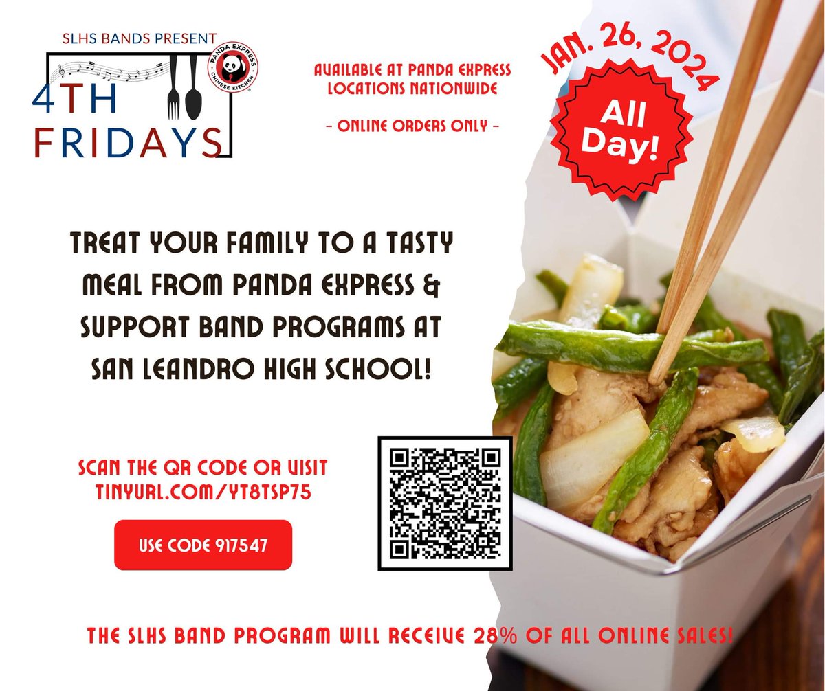 LeeThomas94578's tweet photo. Go grab a bit @PandaExpress and support band programs at San Leandro HighSchool. 
@SLUSD_News  @SanLeandroHigh https://t.co/4M4E51scVp