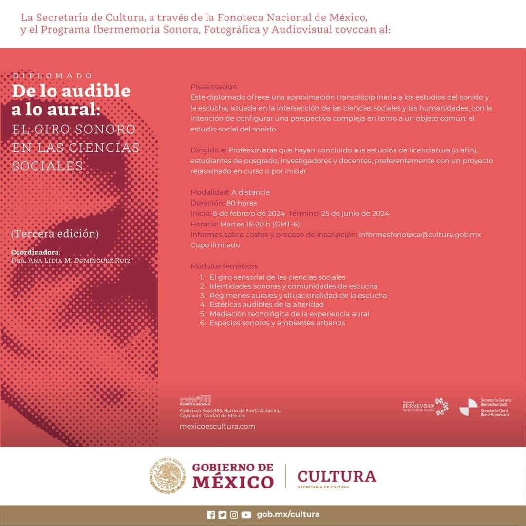 ibermemorias's tweet photo. El programa Ibermemoria Sonora, Fotográfica y Audiovisual ofrece una beca completa por país para cursar el diplomado 𝐃𝐞 𝐥𝐨 𝐚𝐮𝐝𝐢𝐛𝐥𝐞 𝐚 𝐥𝐨 𝐚𝐮𝐫𝐚𝐥: 𝐞𝐥 𝐠𝐢𝐫𝐨 𝐬𝐨𝐧𝐨𝐫𝐨 𝐞𝐧 𝐥𝐚𝐬 𝐜𝐢𝐞𝐧𝐜𝐢𝐚𝐬 𝐬𝐨𝐜𝐢𝐚𝐥𝐞𝐬. https://t.co/89OmisVE6J