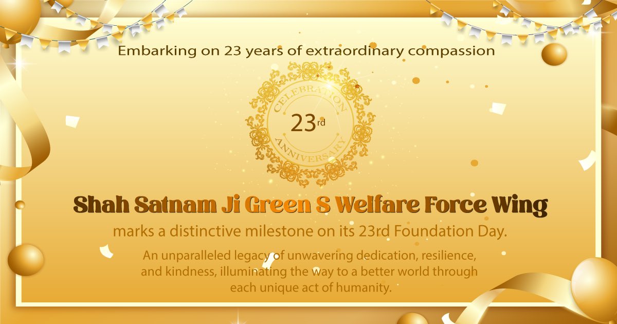 DSSNewsUpdates's tweet photo. Wishing everyone a Happy Foundation Day of Shah Satnam Ji Green ‘S’ Welfare Force Wing! Their tireless efforts are the colors that paint a canvas of compassion and relief.  The volunteers have been touching lives and spreading humanity. Kudos to these kind volunteers who are making a real difference in the world through their great contribution in welfare services!#FoundationDay #23rdAnniversary #RamRahim