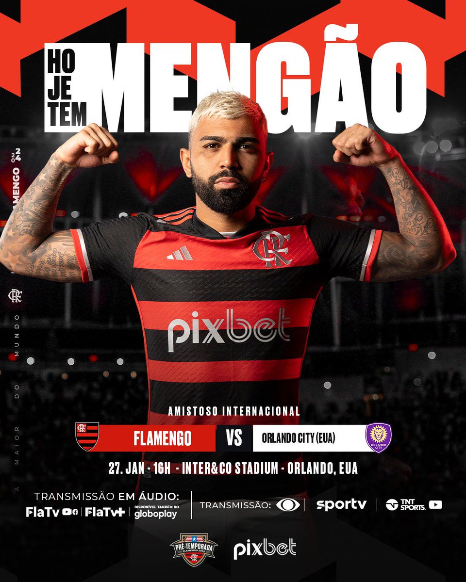 Flamengo's tweet photo. HOJE TEM MENGÃO NA @FC_series! 

Às 16h (horário de Brasília), o Mais Querido enfrenta o Orlando City, nos Estados Unidos! Vamos com tudo em busca da vitória! 🇺🇸❤️🖤

#FLAxORL #VamosFlamengo https://t.co/kQU1AyHQnj