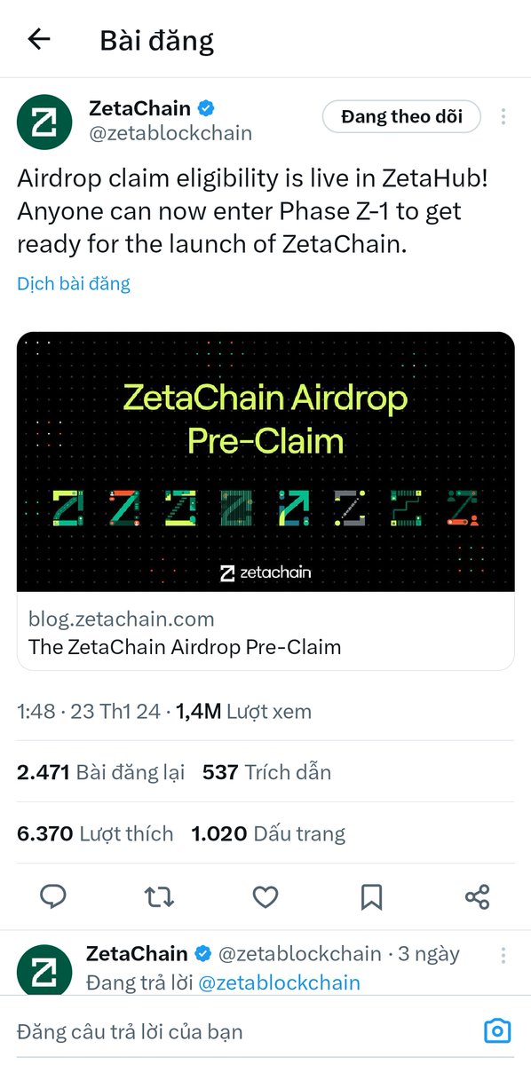 #Zetachain thông báo bất đầu airdrop cho người dùng, tuy nhiên chưa thể nhận đến khi dự án maintnet.
Theo thông báo tổng cộng 31.5 triệu $ZETA đã được phân phối cho hơn 800.000 địa chỉ ví khác nhau.
Link check airdrop: hub.zetachain.com/claim
#airdrop #Crypto #BTC