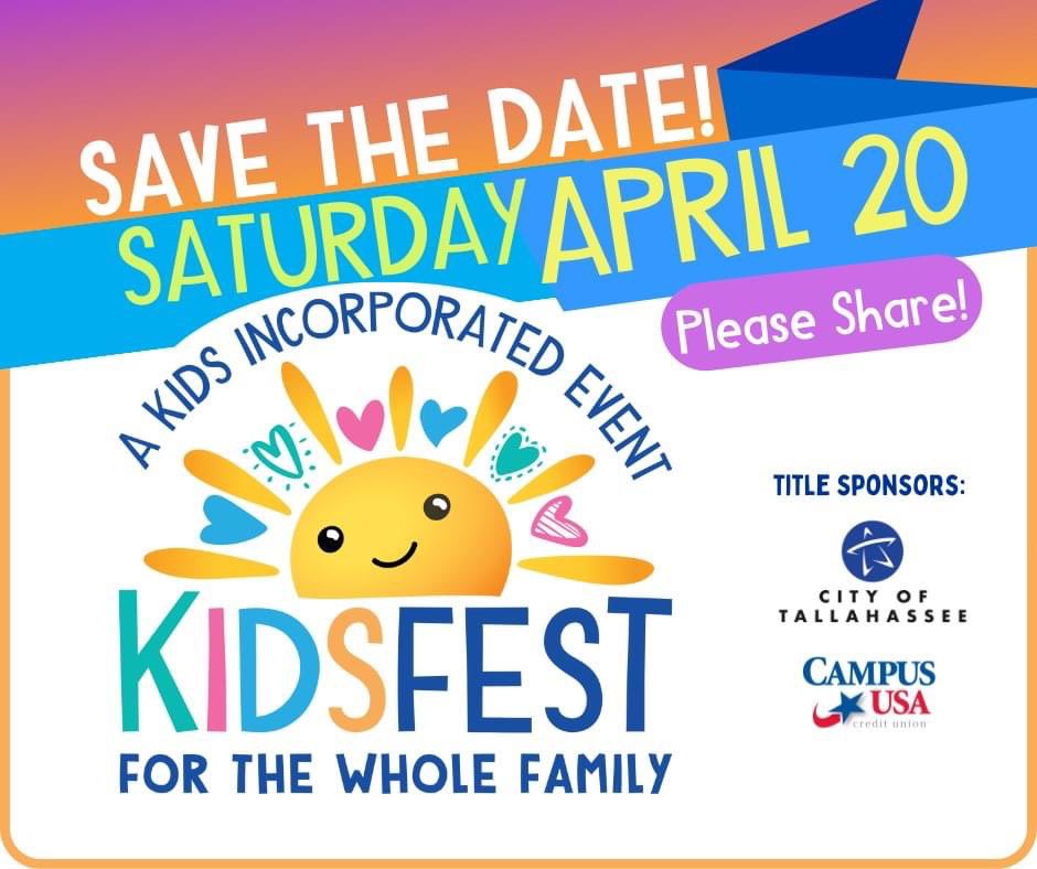 KidsIncBB's tweet photo. Save the date! 21st Annual #KidsFest at Cascades Park, brought to you by Kids Incorporated of the Big Bend. Thank you to our presenting sponsors @CityofTLH and @campususacu! https://t.co/L97rFmdoE9