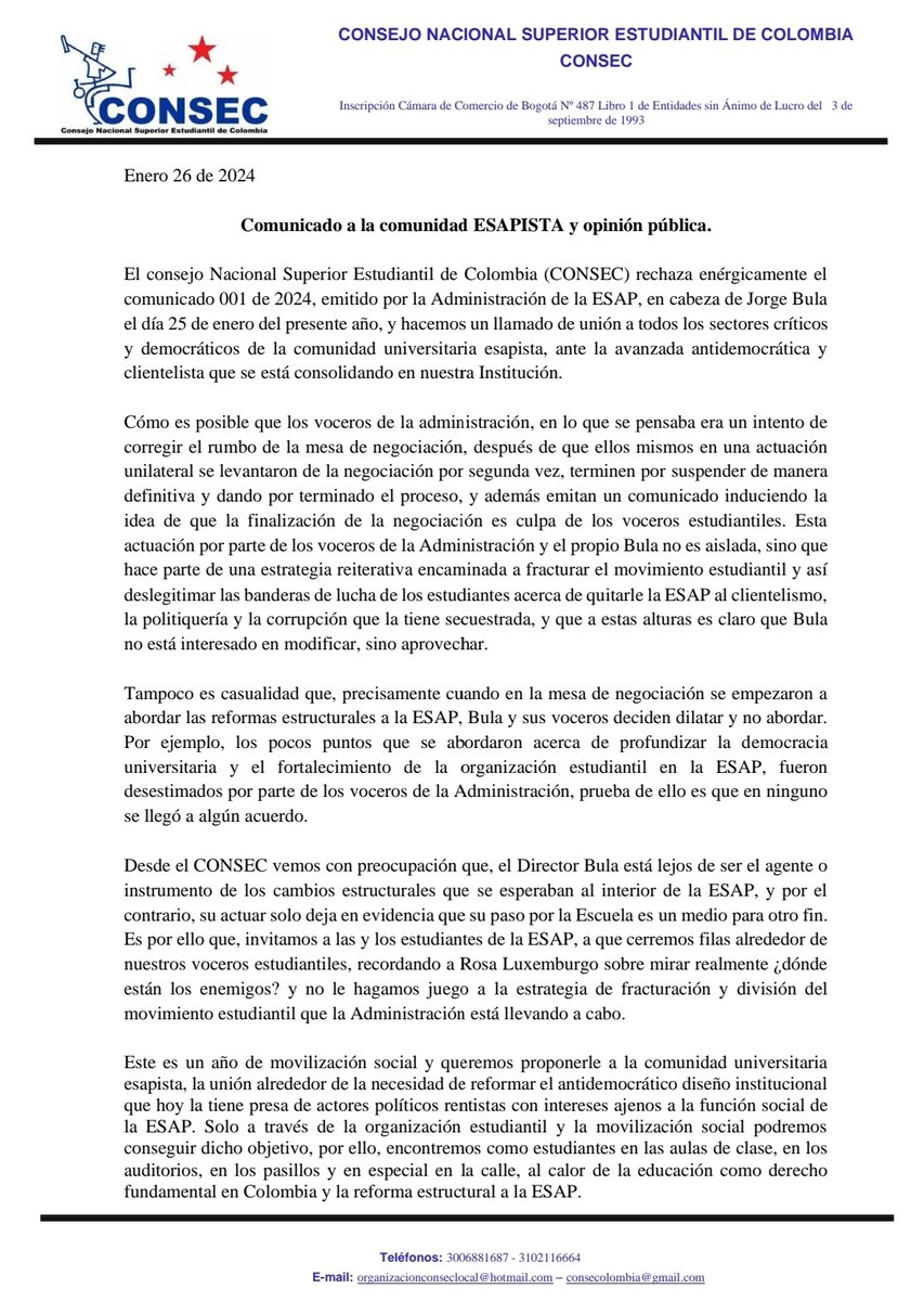 consec_93's tweet image. Rechazamos enérgicamente el comunicado 001 de 2024 emitido por la administración de la @ESAPOficial y hacemos un llamado de unidad de los diferentes sectores democráticos de la comunidad universitaria para hacerle frente a la avanzada antidemocratica que se consolida en la Esap