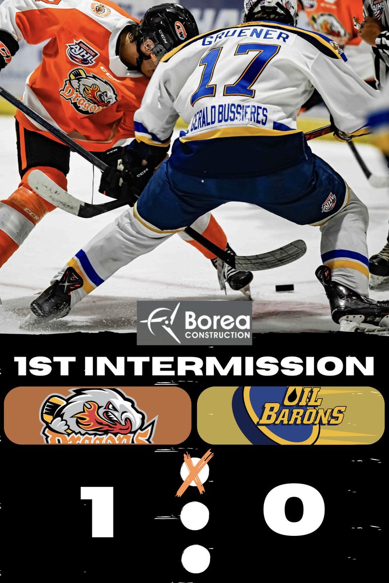 Connor Poffenroth’s 17th goal of the season has us out front 1-0 after 20 minutes!

SOG:
Dragons - 14
Oil Barons - 6

#AJHL