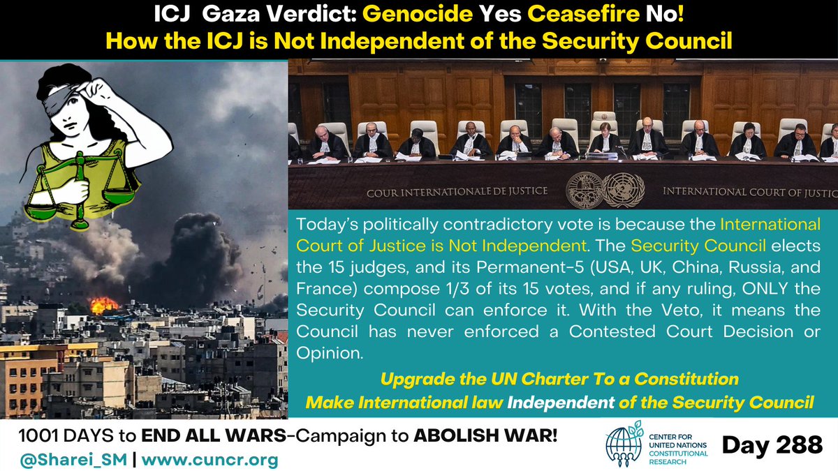 Genocide YES Ceasefire NO - #ICJ Verdict Today’s political and contradictory #ICJRuling is because the International Court of Justice is NOT Independent. The #SecurityCouncil elects the 15 judges, and its Permanent-5 (USA, UK, China, Russia, and France) compose 1/3 of its 15…