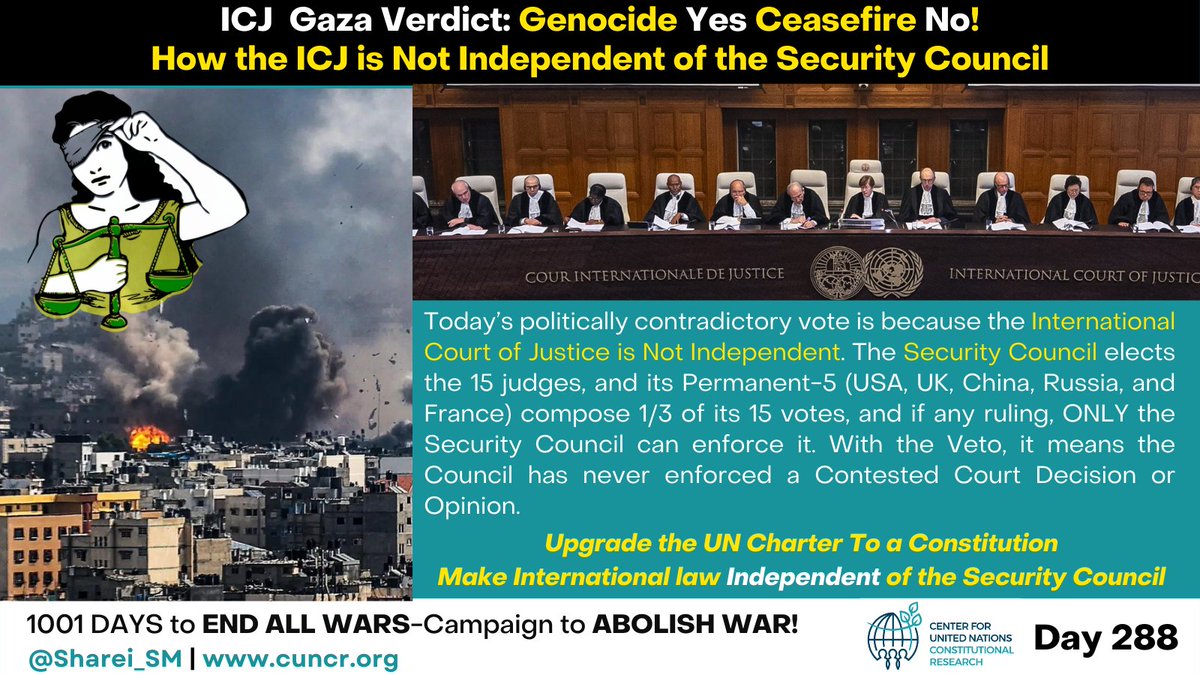 Genocide YES Ceasefire NO - #ICJ Verdict
Today’s political and contradictory #ICJRuling is because the International Court of Justice is NOT Independent. The #SecurityCouncil elects the 15 judges, and its Permanent-5 (USA, UK, China, Russia, and France) compose 1/3 of its 15
