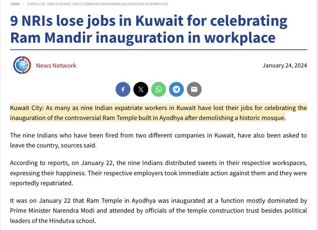 Kuwait has fired nine Indians, who celebrated the inauguration of the Ram Temple, distributing sweets at their workplace..

Let's boycott Kuwait..😜😃

All true Sanatanis must leave Kuwait and teach them a lesson.😂😂