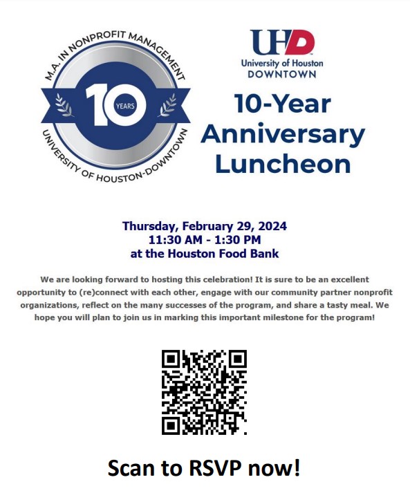 LAST CALL: We will host our 10-Year Anniversary Luncheon on February 29th at Houston Food Bank. Students, alumni, and community partners, join us for this milestone celebration! RSVP closes on Jan. 29
