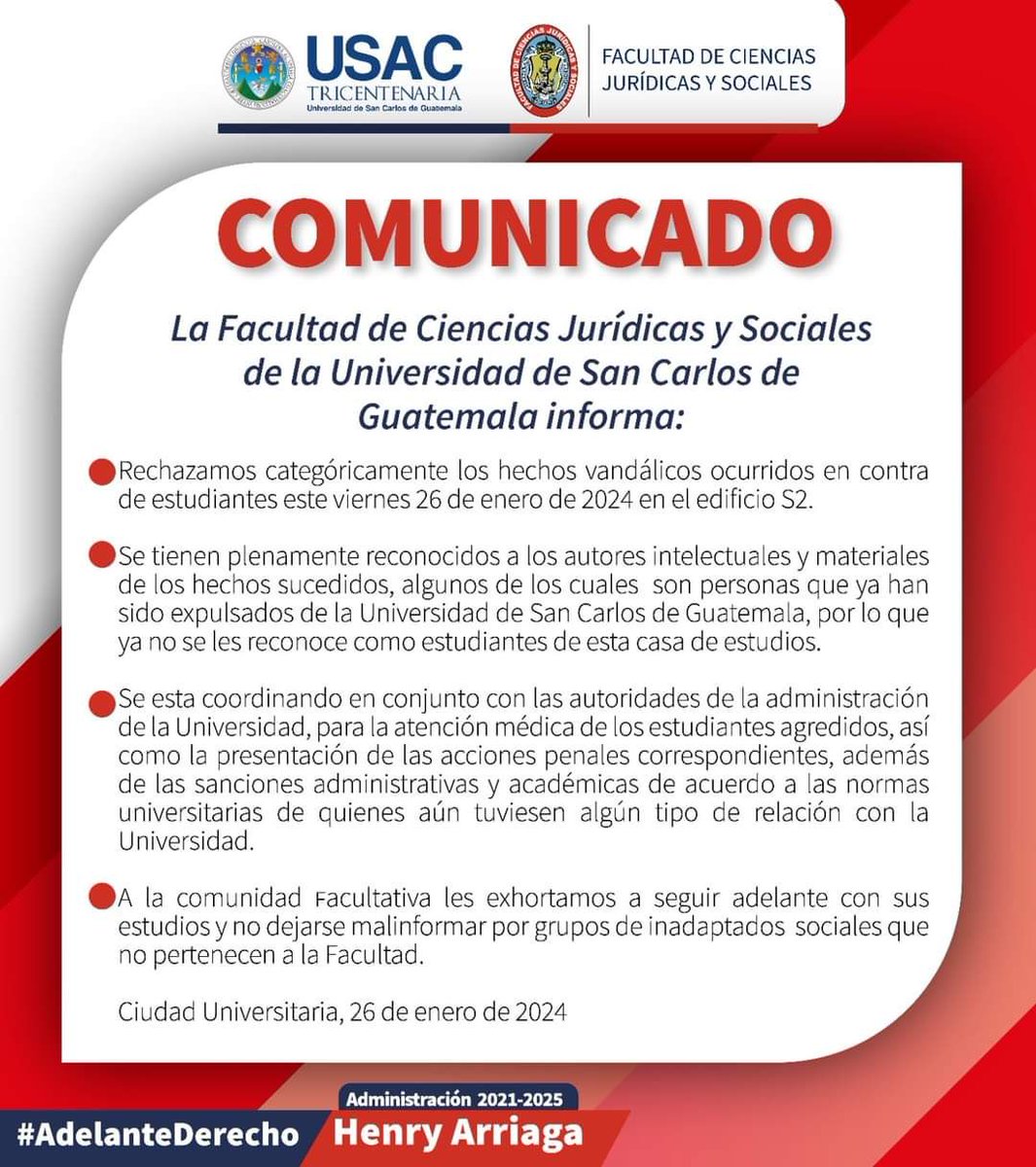 Por medio de un comunicado la Facultad de Derecho de la Usac rechaza los actos vandálicos ocurridos esta noche en el edificio S2, asegurando que se tomarán las acciones penales correspondientes y exhortan a los estudiantes a continuar con sus estudios.

#FacultadDeDerecho #Usac