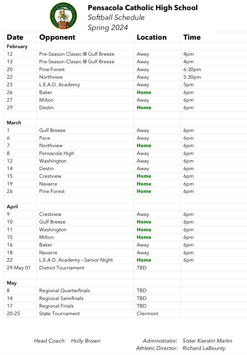 Excited to announce the 2024 softball schedule. Let’s go crusaders!