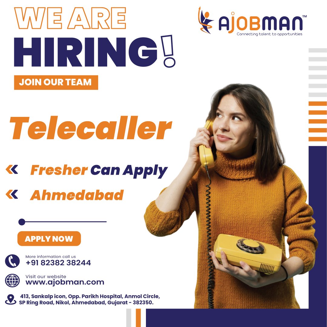 a_jobman's tweet photo. 🔍 Job Title:- #TELECALLERExecutive
Fresher can Apply
Job Location:- #Ahmedabad
💯% #JobPlacement
👉Terms &amp; Condition Apply
🔖Send your CV &amp; Contact Us more Detail: -
📲+91 8238238244, info@ajobman.com
#telecaller #telecallerjobvcancy #jobconsultancy #ajobman #ahmedabadjobs https://t.co/qrO725YzFC