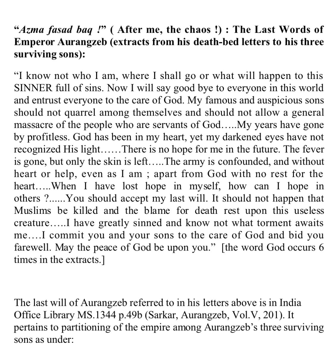 ShefVaidya's tweet photo. Aurangzeb died a defeated and broken man at the age of 89 in a plain tent in Nagar, Maharashtra. His last words were, ‘after me, chaos’. He admits in his will that his greatest regret was ‘wretched Siva escaping’ and as a result of which he was forced to die so far away from Delhi! So no, WE do not need to go back in time to defeat Aurangya. 

What WE are doing is reclaiming what is our’s! @HartoshSinghBal