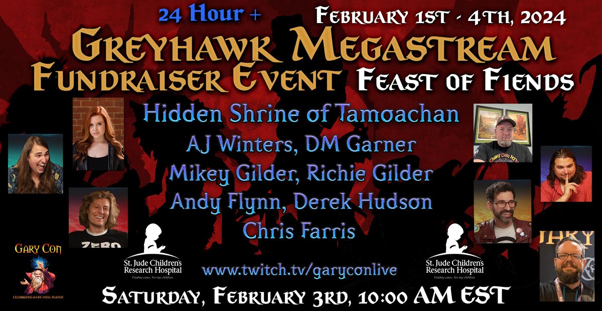 This will be year 6 of the Greyhawk Megastream Fundraiser Event for <a href="/StJude/">St. Jude</a> <a href="/StJudePLAYLIVE/">St. Jude PLAY LIVE</a>.  I'm honored to have been invited to participate by DM'ing a game.  I'm also blessed to have <a href="/winterstalesco/">Winters Tales</a>  <a href="/AvantrisLegends/">Legends of Avantris</a> and @pfrpg join me Saturday on twitch.tv/garyconlive