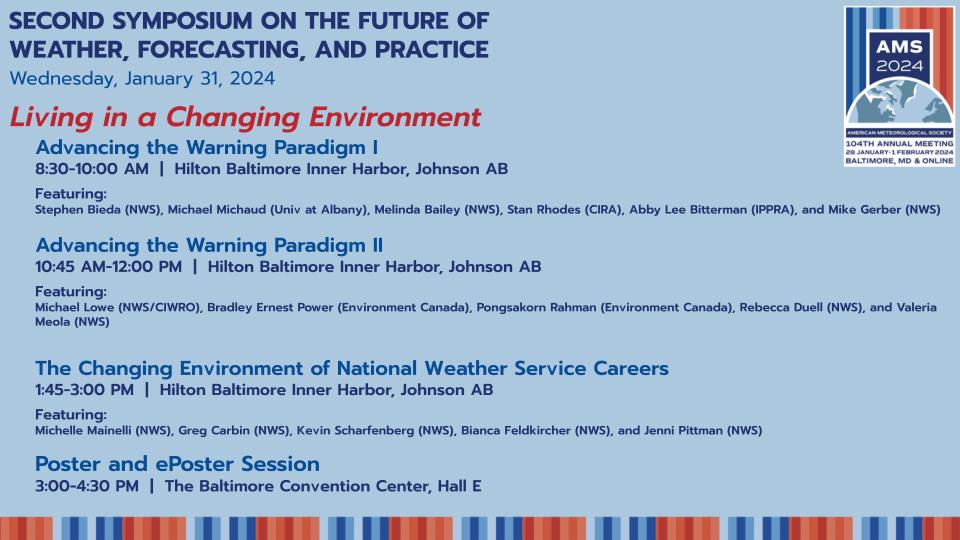 AMS_WAF's tweet photo. Good Wednesday morning, #2FUTURE/#AMS2024! Day 3 here in Baltimore, let's keep the good times going. Here's this morning's conference-at-a-glance for the 2nd Symposium on the Future of Weather, Forecasting, and Practice. https://t.co/0DH4myAPbc