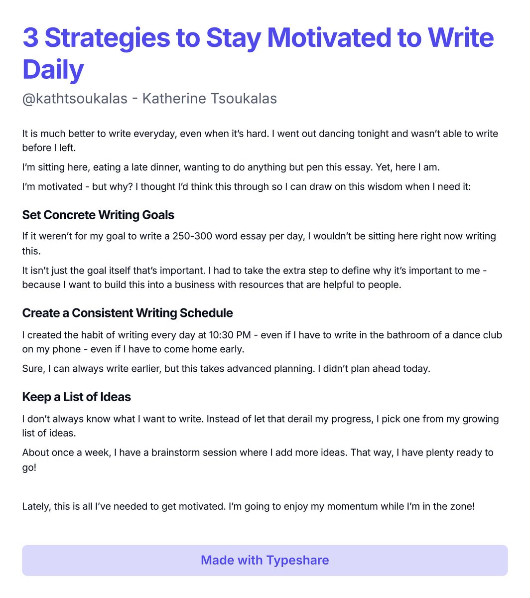 3 Strategies to Stay Motivated to Write Daily - Day 21 of Ship 30 for 30

Learn how I stay motivated to keep my daily writing habit alive.

#atomicessay #ship30for30 #dailywriting #writing #motivation