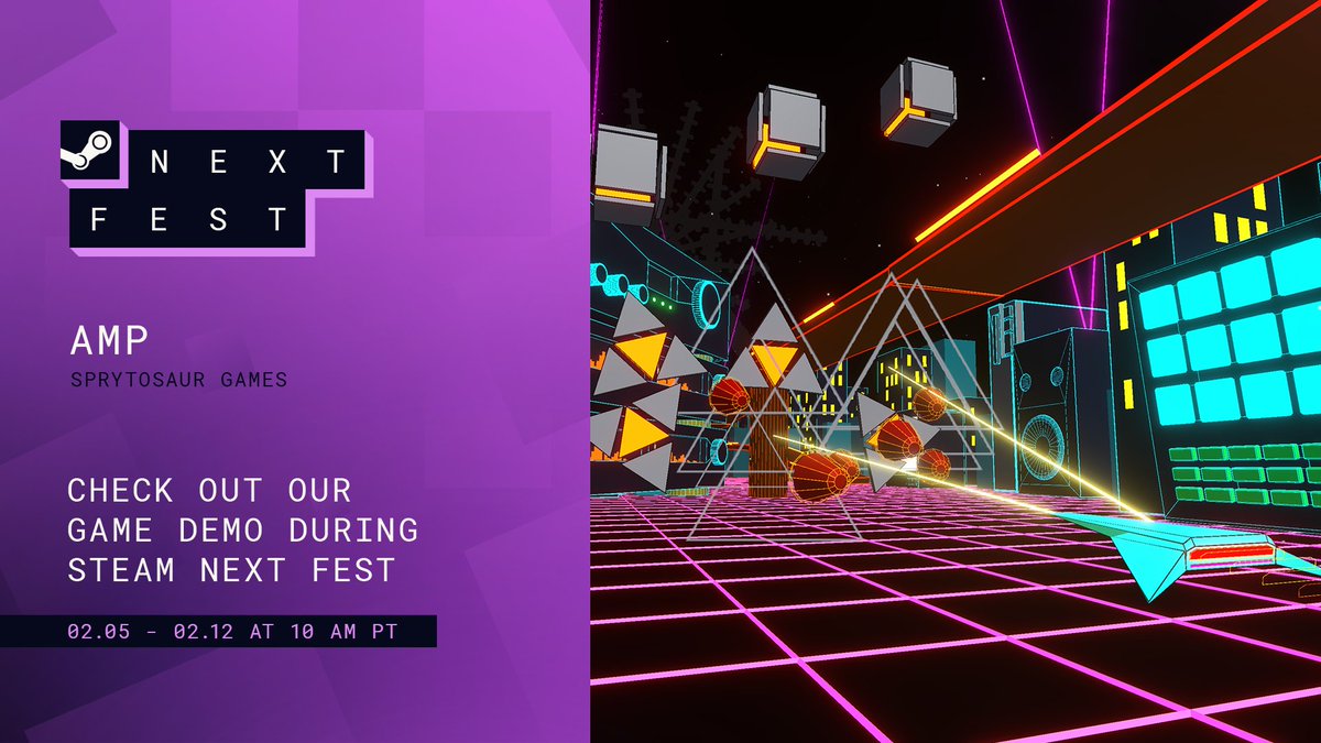 sprytosaur's tweet photo. Blast your way rhythmically through the world of Amp during #SteamNextFest this Feb! Check out our Steam page right here! https://t.co/Rn6VKwiiB3 https://t.co/8dA3lZaNQq