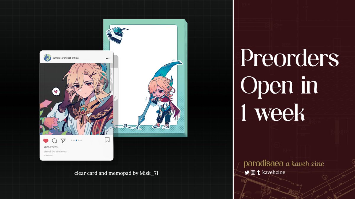 KavehZine's tweet photo. 🖊️ PREORDER COUNTDOWN: 1 WEEK 🖊️

Kaveh stuns in this beautiful clear card and practical memopad designed by the talented @misk_71! These lovely items will be available in the stationary and full bundles.

🗓️ POs Open: Feb 2, 10pm EST

#Kaveh #GenshinImpact #原神 https://t.co/ZgIGRXgIj7