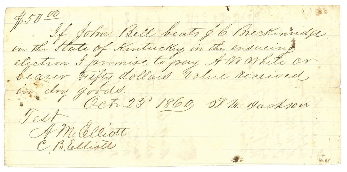 Two guys gambling $50 in dry goods on the outcome of the presidential election of 1860 in Kentucky.