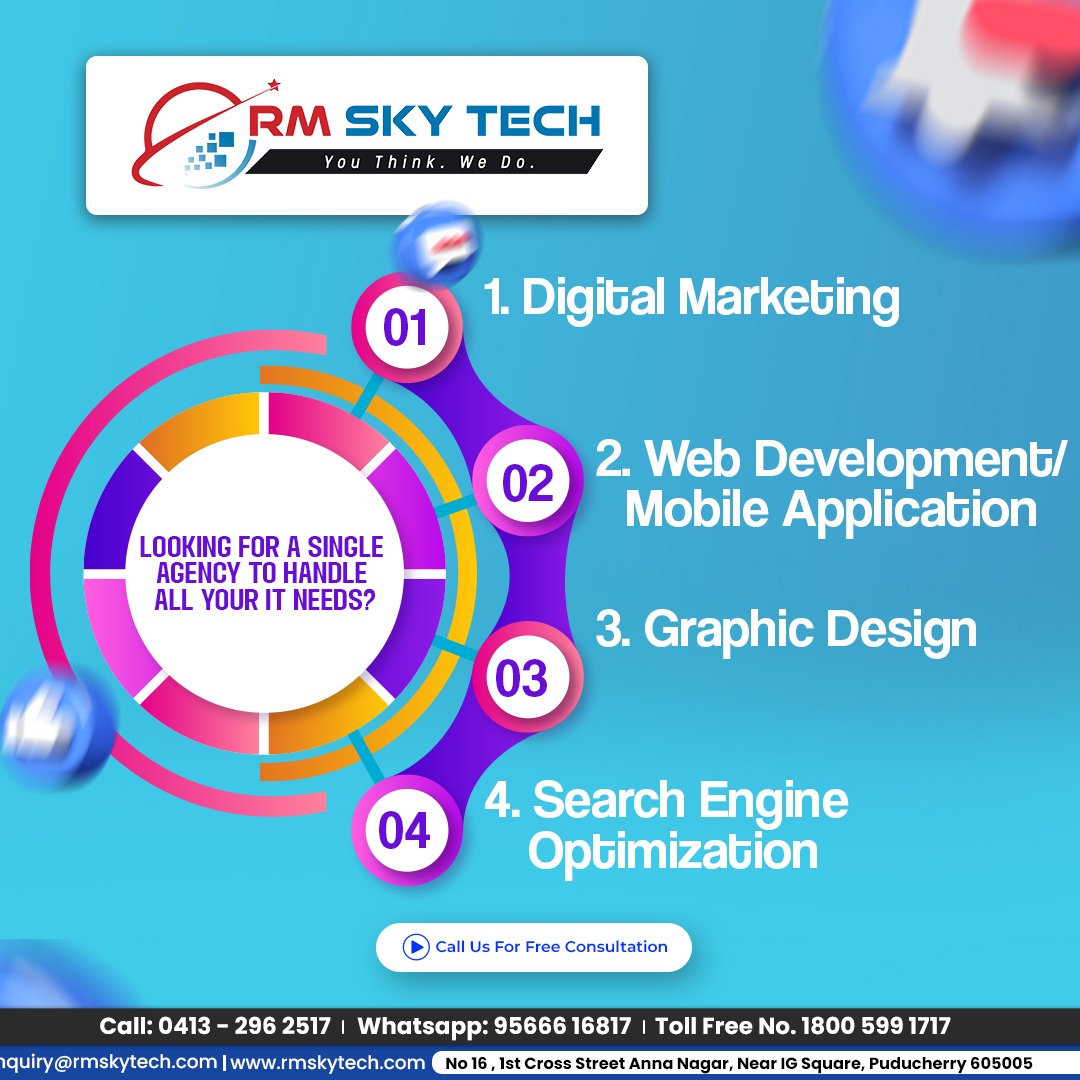 Our services: 
1. Digital Marketing 
2. Web Development/Mobile Application
 3. Graphic Design 
4. Search Engine Optimization 

Whatsapp: 9566616817 
E-Mail: enquiry@rmskytech.com  

#digitalmarketingservices #digitalservices #services #servicesupport #Rmskytech #PondicherryCity