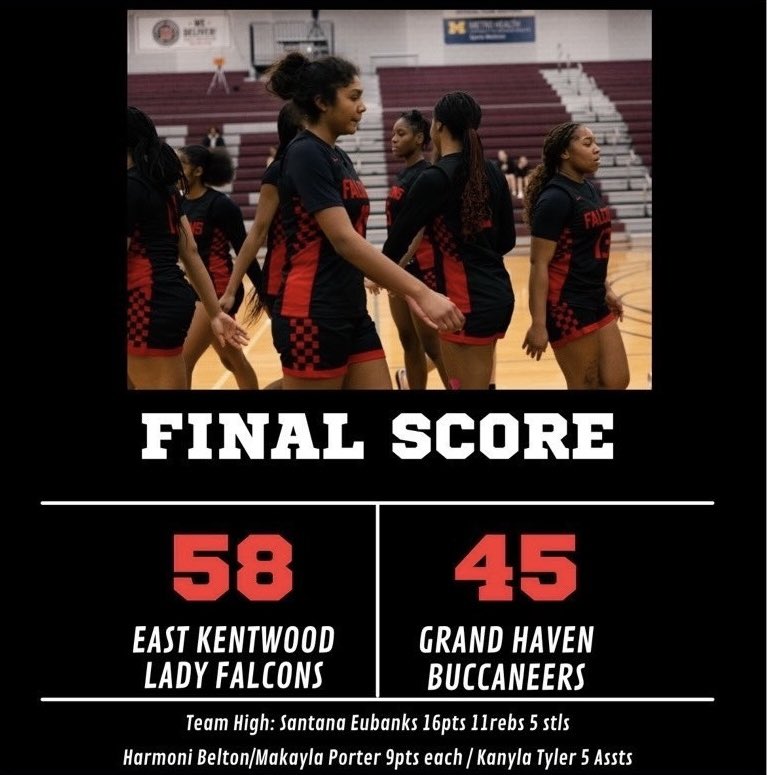 <a href="/east_bball/">EK Girls Basketball</a> secured another road win tonight in Grand Haven. Santana Eubanks also secured another double double! 16 puts 11 rebounds &amp; 5 steals! #WeAreEK #FalconPride❤️🖤