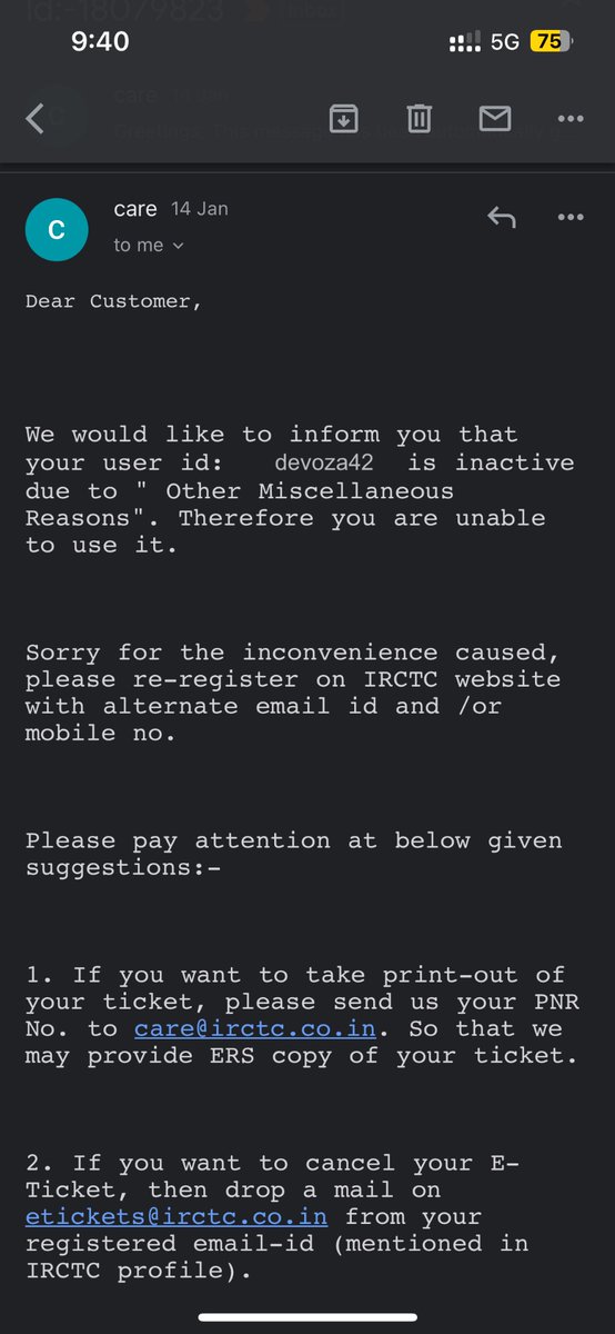 Devoza42's tweet photo. I had my irctc account “devoza42” tgat got bocked and i got this reply from irctc care.

I have created other account after this that also got blocked 

Now i have no other mobile no!!

@RailMinIndia @WesternRly @RailwaySeva @IRCTCofficial @Gmwrly @irctcwestzone @Irct https://t.co/1QGAMxLk8o