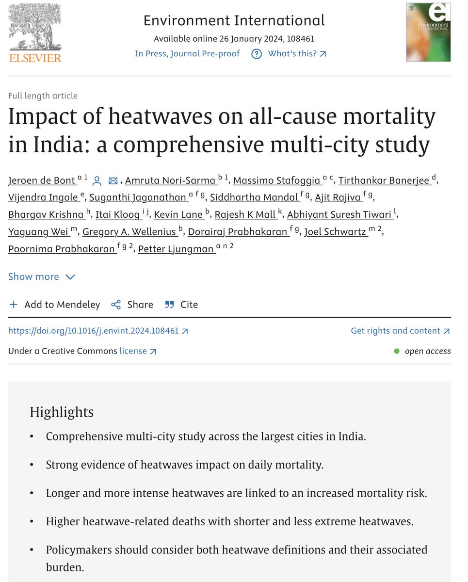 Tirthankar Banerjee (@tirthankar_iesd) on Twitter photo We obtained all-cause mortality counts for ten cities in India and estimated daily mean temp. Among ∼3.6 million deaths, we observed that temperatures above 97th percentile for 2-consecutive days was associated with a 14.7% increase in daily mortality.
<a href="/Dean_FESD_IESD/">Dean Faculty of Environment & Sustainable Dev IESD</a> We obtained all-cause mortality counts for ten cities in India and estimated daily mean temp. Among ∼3.6 million deaths, we observed that temperatures above 97th percentile for 2-consecutive days was associated with a 14.7% increase in daily mortality.
<a href="/Dean_FESD_IESD/">Dean Faculty of Environment & Sustainable Dev IESD</a>