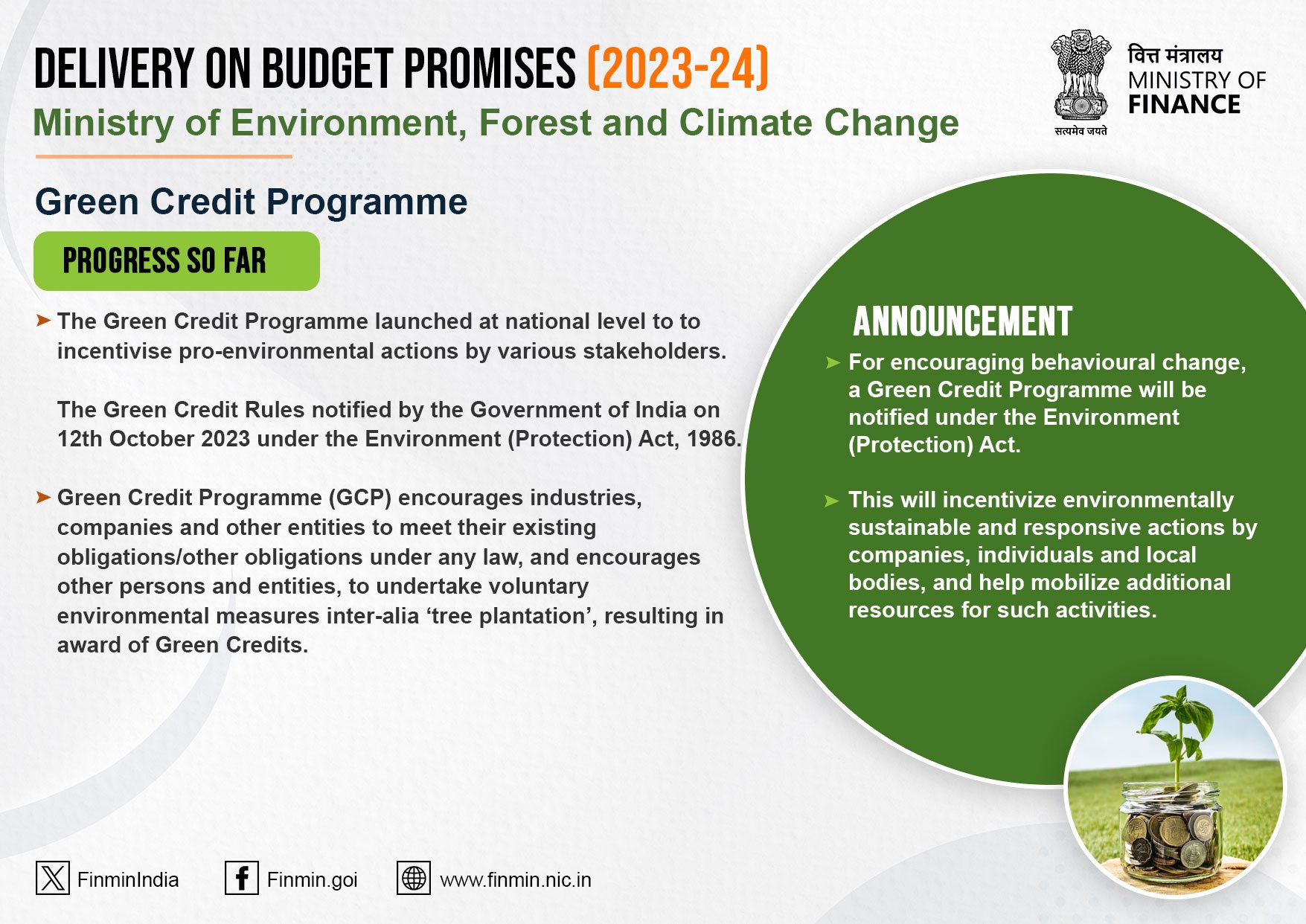 Ministry of Finance on X: "The Green Credit Programme is an innovative market-based mechanism designed to incentivise voluntary environmental actions across diverse sectors, by stakeholders like individuals, communities, private sector industries, and
