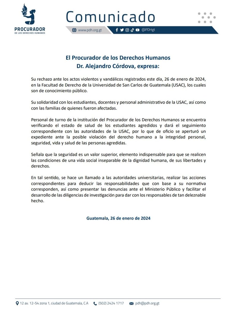 PDHgt's tweet photo. #ComunicadoPDH | El Procurador de los Derechos Humanos, Dr Alejandro Córdova, expresa su rechazo ante los actos violentos y vandálicos registrados en la Facultad de Derecho de la @usacenlinea https://t.co/jOIRuQwCdf