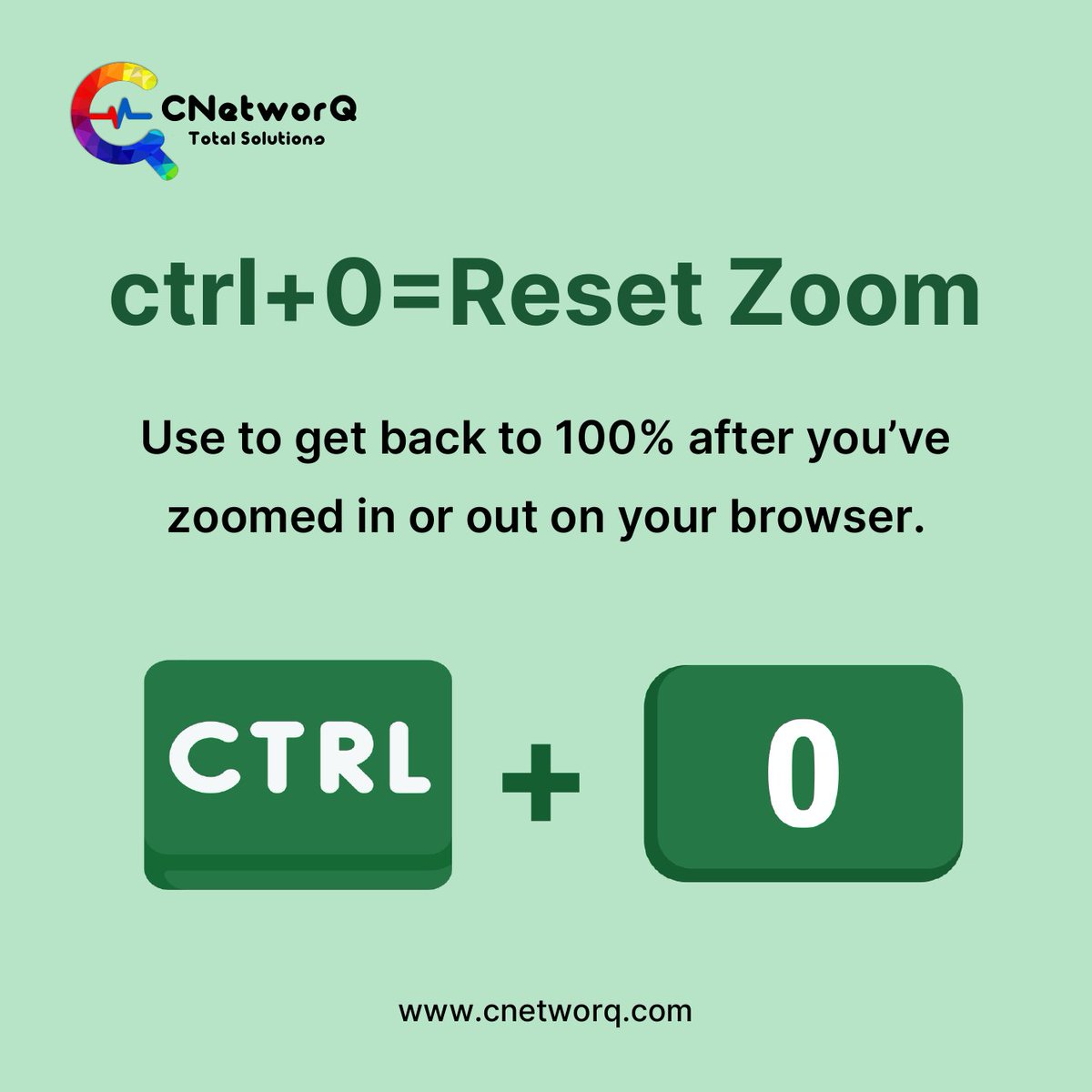 Smart Sunday Tip: Use Ctrl+0 to reset zoom and return to 100% on your browser after zooming in or out! 🖱️🔍

#CNetworQTotalSolutions #SmartSunday #BrowserTip #ZoomReset #KeyboardShortcuts #WebBrowsing #BrowserHacks #TechTips #Zooming #InternetTricks #DigitalWisdom #SundayFunday