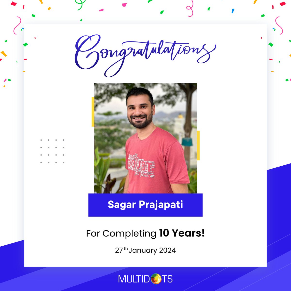 multidots's tweet photo. π Congratulations to @sagarprajapati_ on completing 10 incredible years with Multidots! Your commitment and expertise have been pivotal to our team's success. We're excited for more years of collaboration and growth together! π
#WorkAnniversary #MultidotsFamily https://t.co/abHiECENyf