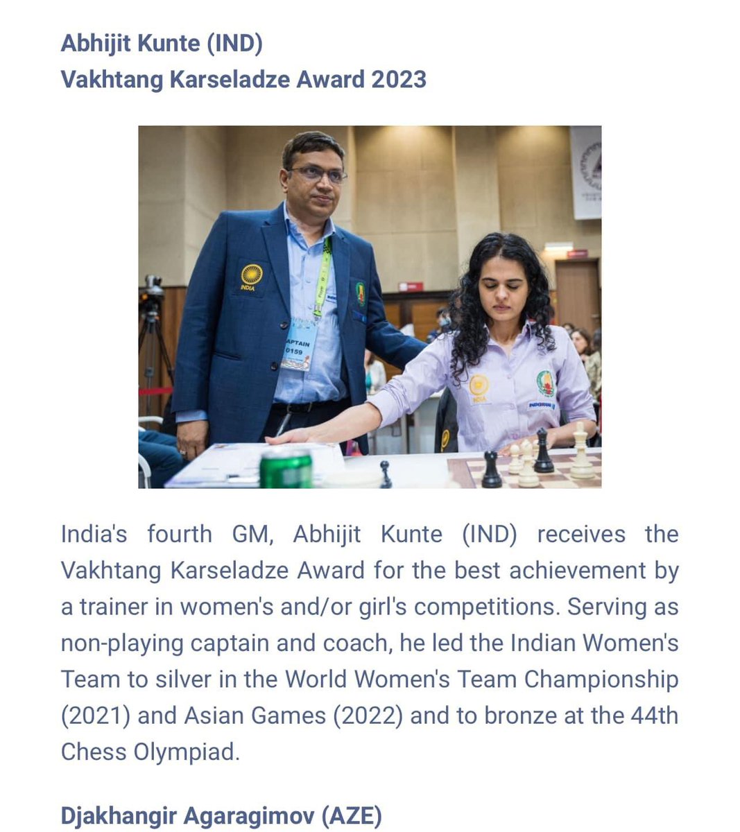 Thank you @FIDE_chess for the Vakhtang Karseladze Award for the best achievement by a trainer in women's and/or girl's competitions. congratulation @Rameshchess for the Mikhail Botvinnik Award for Open Section competitions. Most importantly #Teamindia for making it possible 🇮🇳