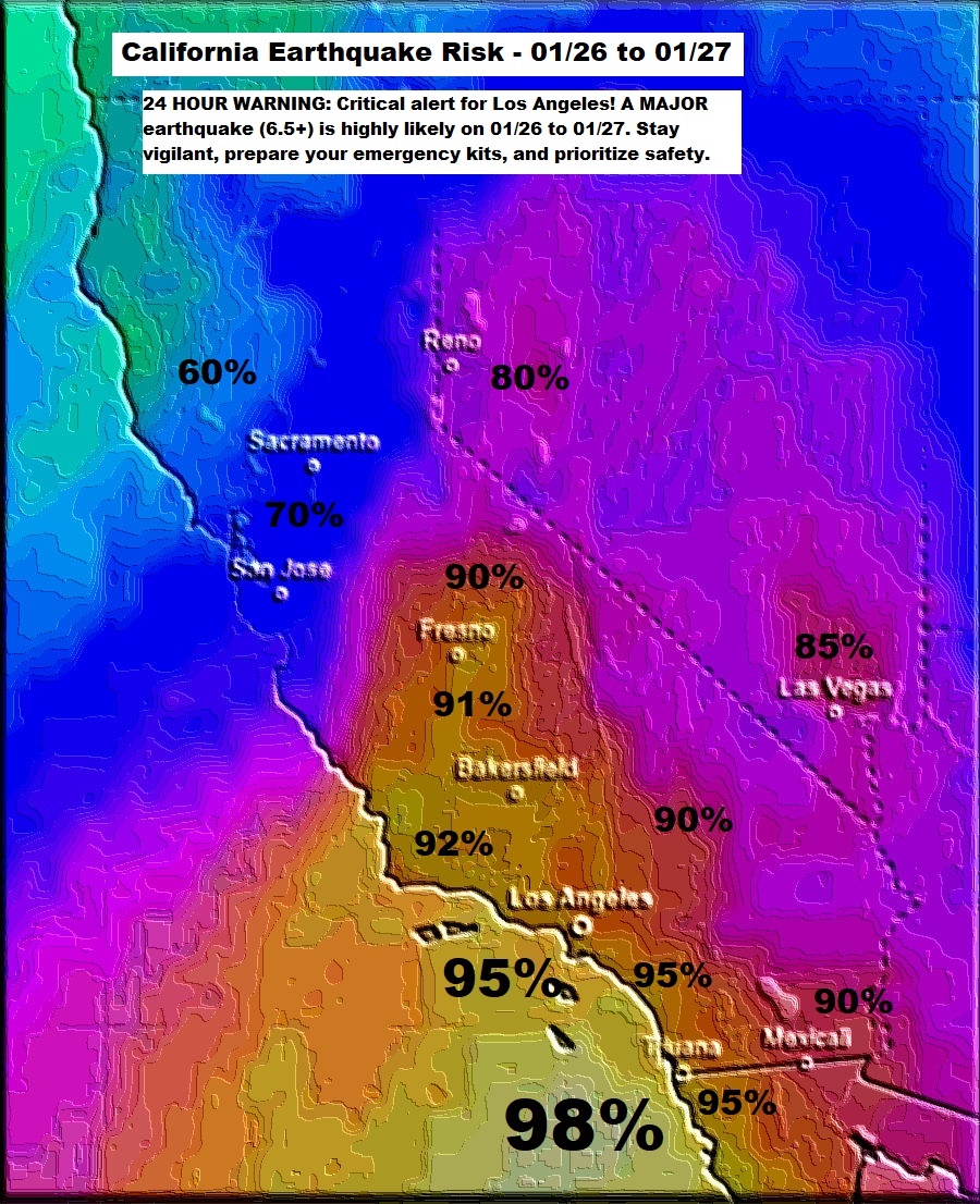 Quakeprediction's tweet image. 24 HOUR WARNING: Critical alert for Los Angeles! A MAJOR earthquake (6.5+) is highly likely on 01/26 to 01/27. Stay vigilant, prepare your emergency kits, and prioritize safety. - quakeprediction.com/Los%20Angeles%…