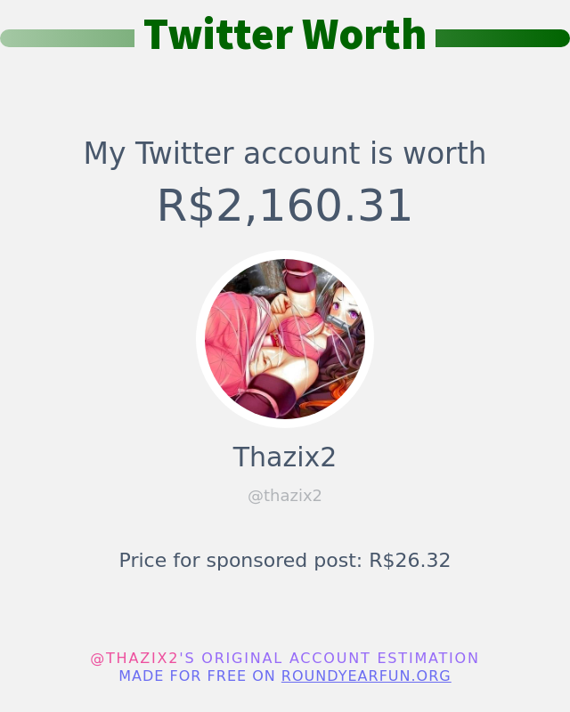 thazix2's tweet photo. Meu valor no Twitter é: R$2,160.31

➡️ https://t.co/t3Qx7IEtIs https://t.co/Dx89euLoVp