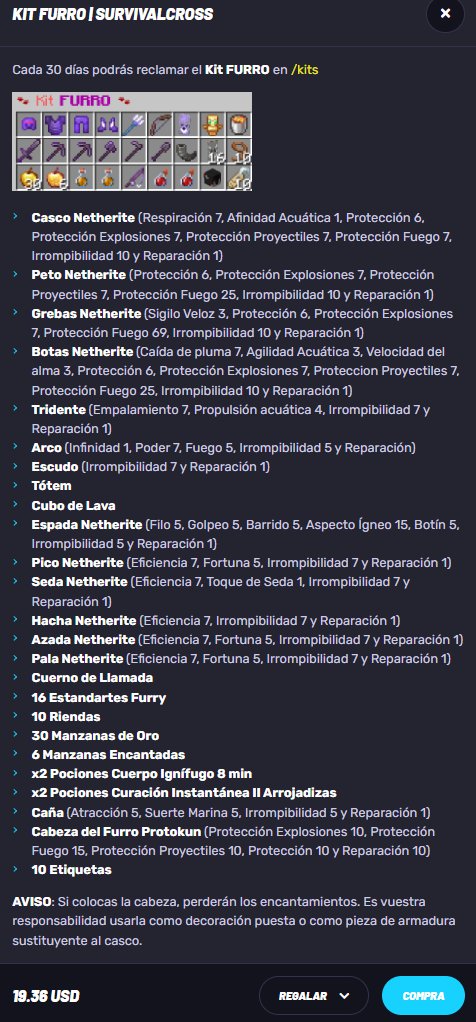 VexmiNet's tweet image. (Haz clic en el Tweet para leer correctamente)
---------------------------------------
¡YA DISPONIBLE el KIT FURRO🐺en la tienda oficial de Vexmi Network!

Es un pago único que te ofrece todos estos objetos cada 30 días en #Minecraft 😍

PRECIO: 18 $ (Pago Único)

Puedes…