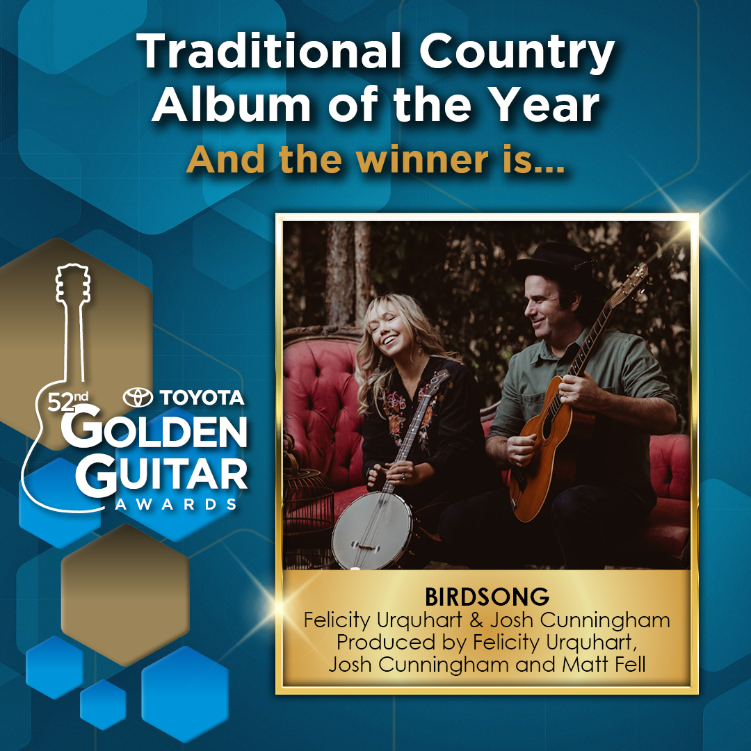 The winner of the 2024 Golden Guitar for Traditional Country Album of the Year is Felicity Urquhart & Josh Cunningham for “Bird Song” produced by Felicity Urquhart, Josh Cunningham & Matt Fell. #GoldenGuitars #TCMF2024